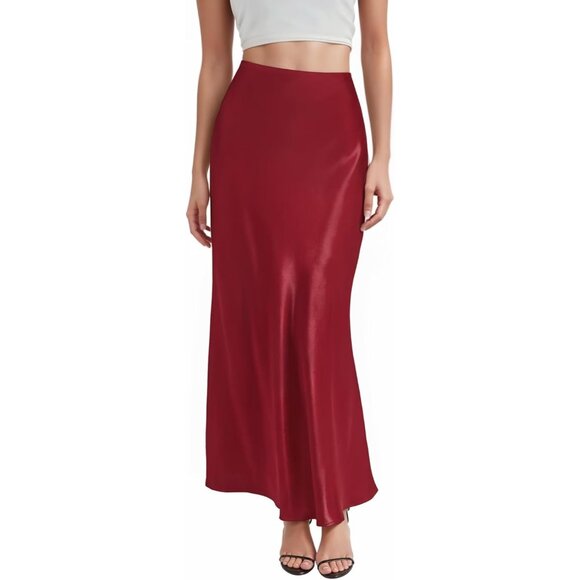 Women's Red Silky Satin Fabric Stretch High Waisted Casual Pull On Maxi Skirt